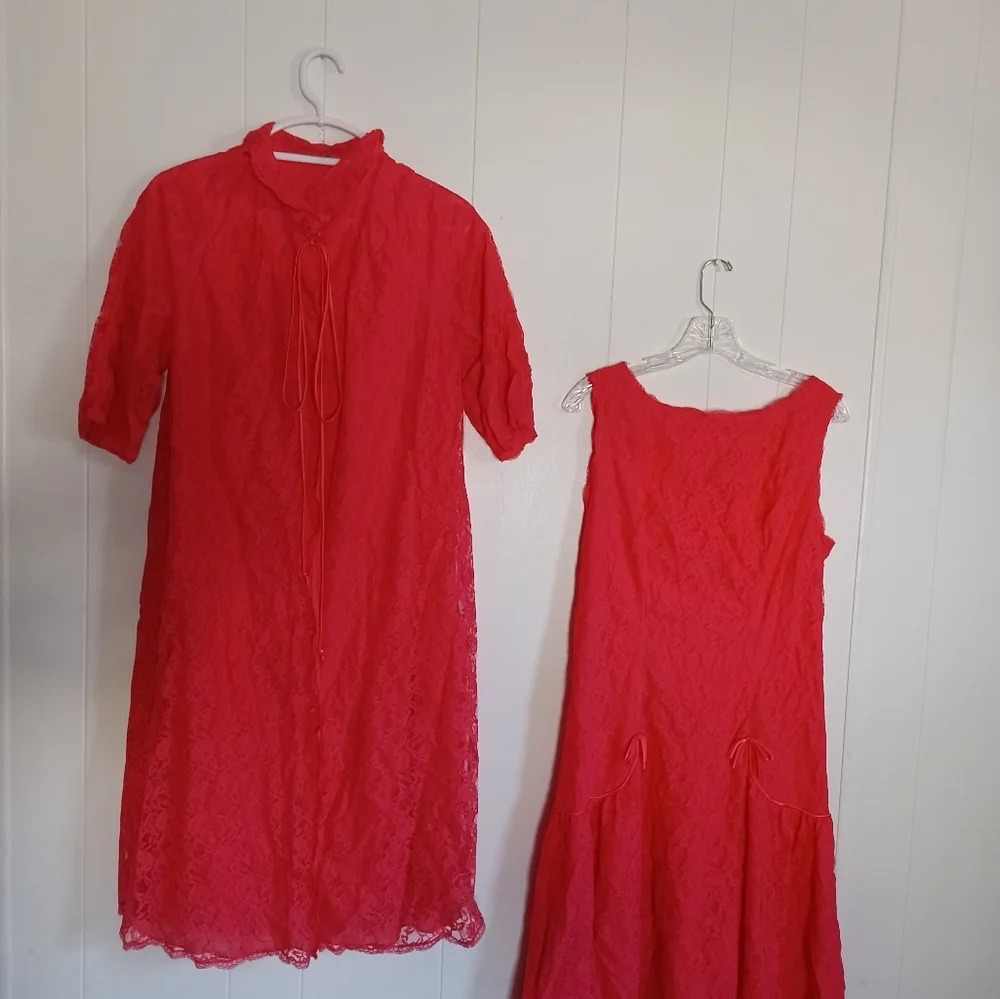 Vintage Gossard Artemis Orange Pink 2pc Ladies Nightgown Robe Set Sz Medium - Picture 2 of 14